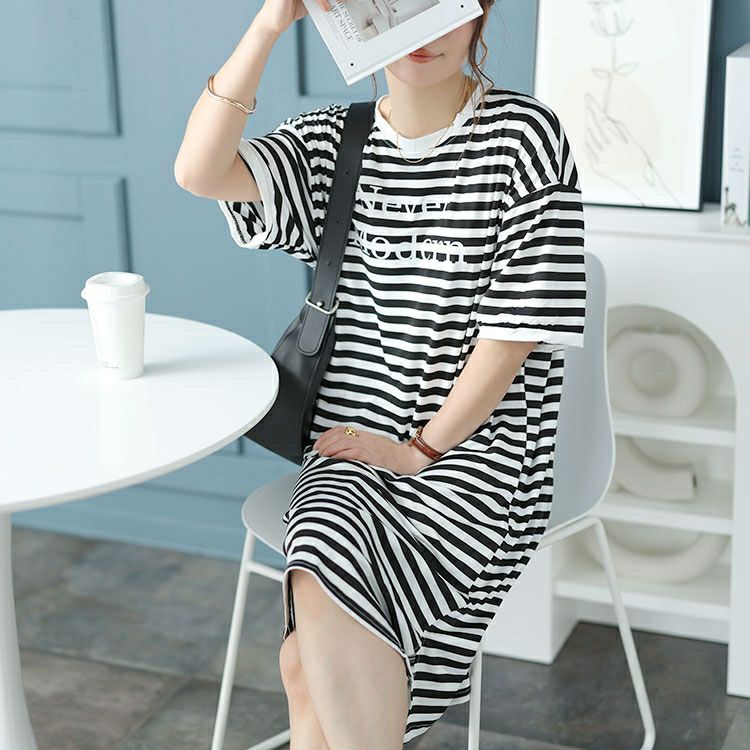 大きいサイズ レディース 英字ロゴボーダーチュニックワンピース　goldy-1480 【メール便可】