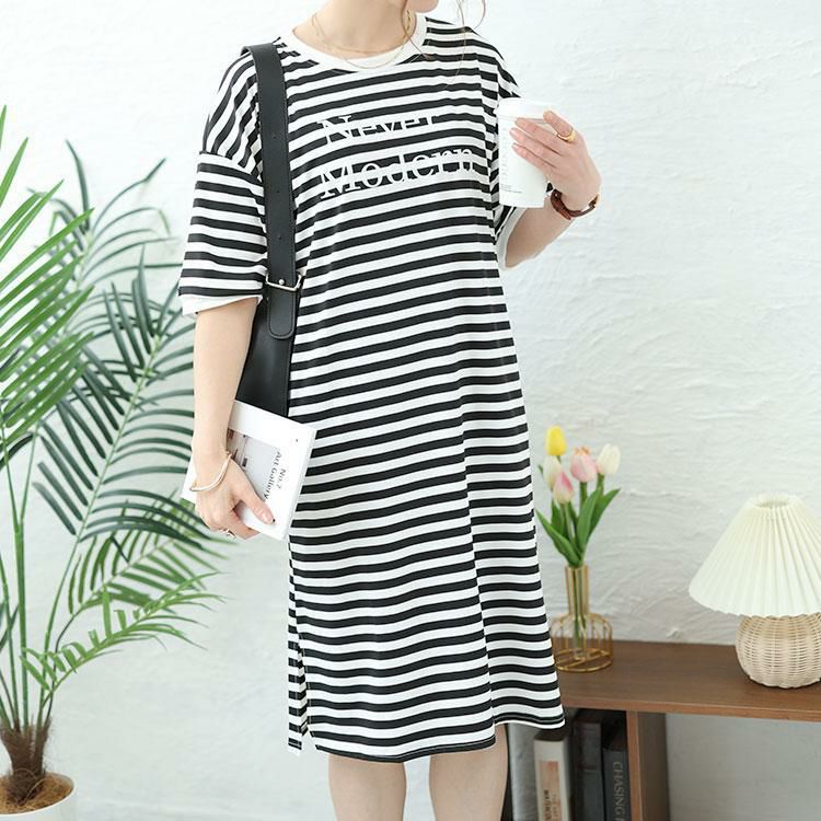 大きいサイズ レディース 英字ロゴボーダーチュニックワンピース　goldy-1480 【メール便可】 ブラック