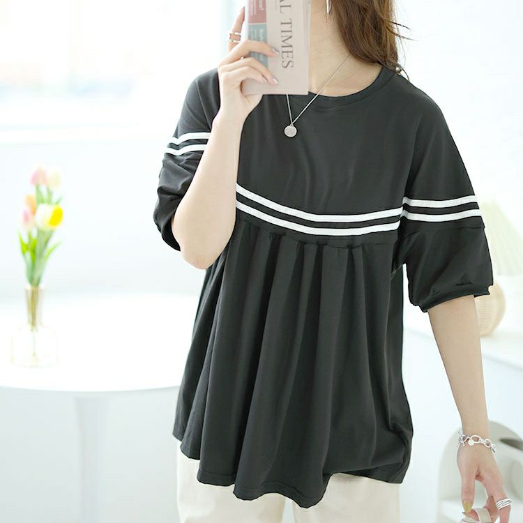 大きいサイズ レディース ライン入りギャザートップス　goldy-1491