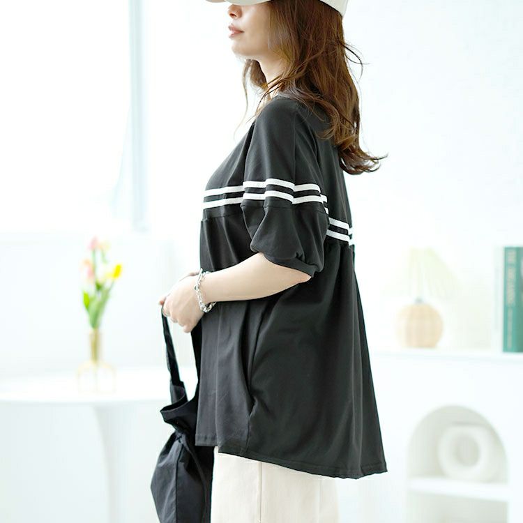 大きいサイズ レディース ライン入りギャザートップス　goldy-1491