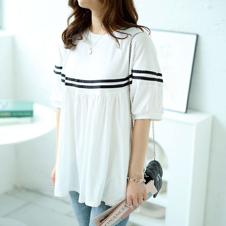 大きいサイズ レディース ライン入りギャザートップス　goldy-1491