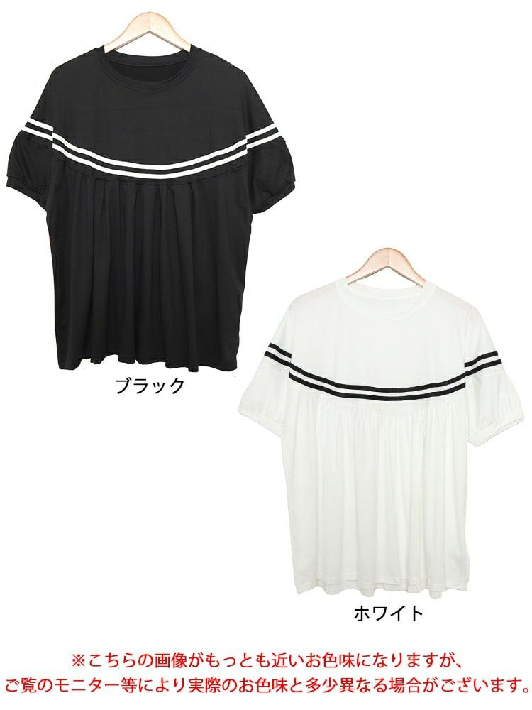 大きいサイズ レディース ライン入りギャザートップス　goldy-1491