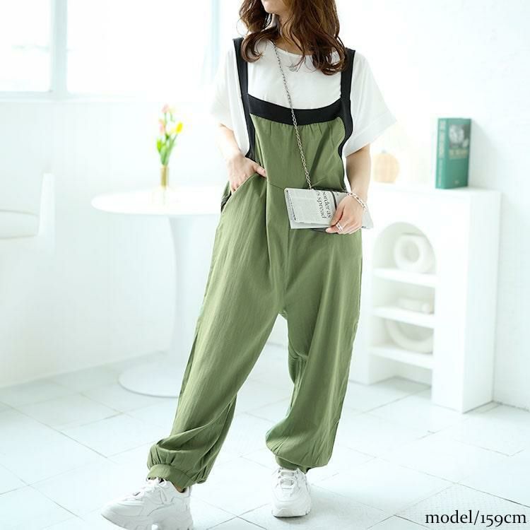 大きいサイズ レディース サルエルサロペット　goldy-1478 【メール便可】 グリーン