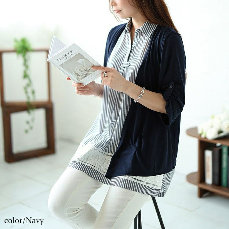 大きいサイズ レディース フェイクレイヤード裾レースストライププルオーバー　plan-240046 【メール便可】