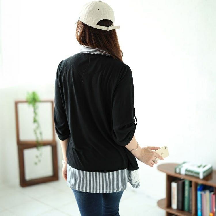 大きいサイズ レディース フェイクレイヤード裾レースストライププルオーバー　plan-240046 【メール便可】