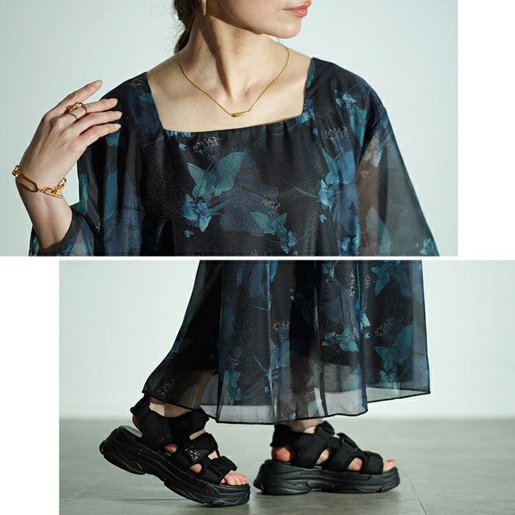 大きいサイズ レディース ボタニカル柄シアーワンピース　nw-24023