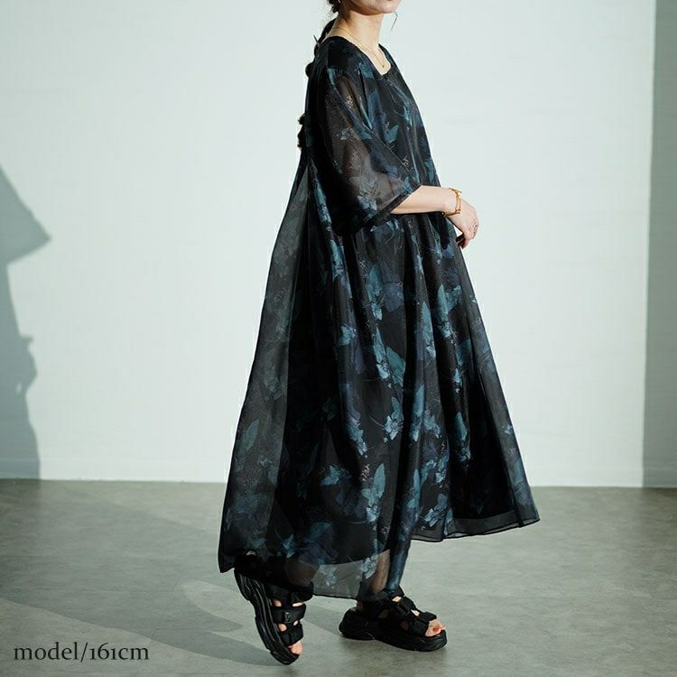 大きいサイズ レディース ボタニカル柄シアーワンピース　nw-24023