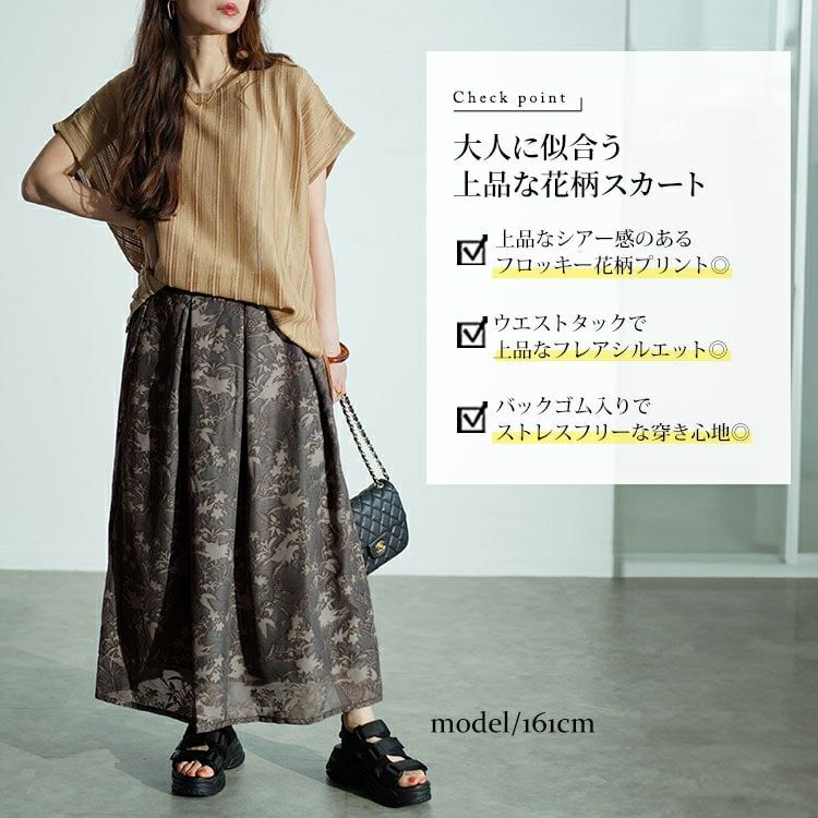 大きいサイズ レディース ボタニカル柄フロッキープリントタックフレアスカート　nw-24022