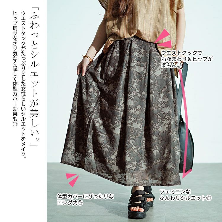 大きいサイズ レディース ボタニカル柄フロッキープリントタックフレアスカート　nw-24022