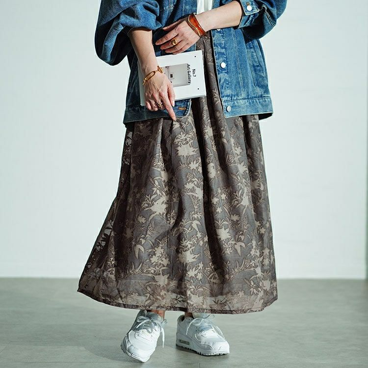 大きいサイズ レディース ボタニカル柄フロッキープリントタックフレアスカート　nw-24022