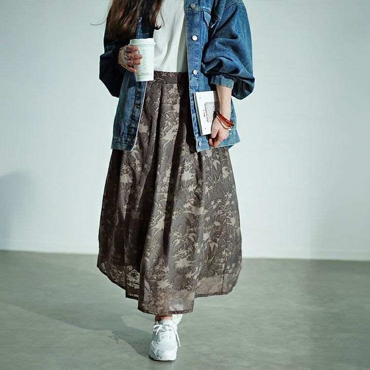 大きいサイズ レディース ボタニカル柄フロッキープリントタックフレアスカート　nw-24022