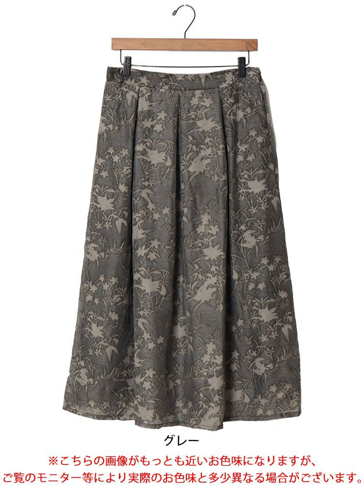 大きいサイズ レディース ボタニカル柄フロッキープリントタックフレアスカート　nw-24022