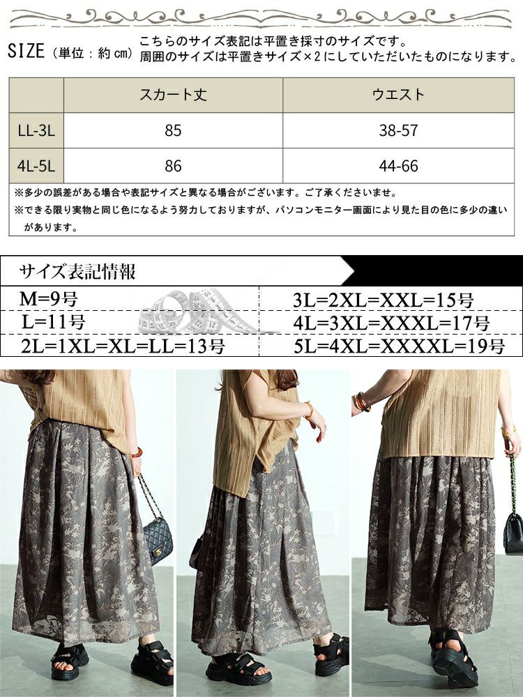 大きいサイズ レディース ボタニカル柄フロッキープリントタックフレアスカート　nw-24022