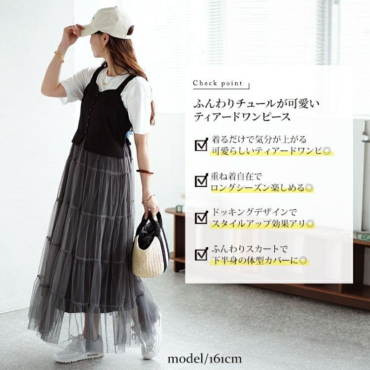 大きいサイズ レディース チュールティアードドッキングワンピース　nw-24016