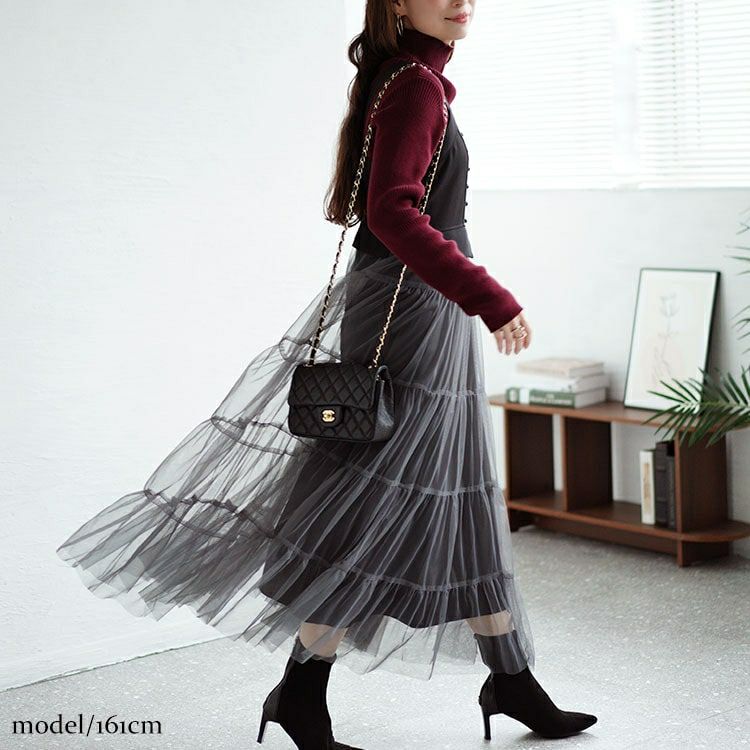 大きいサイズ レディース チュールティアードドッキングワンピース　nw-24016