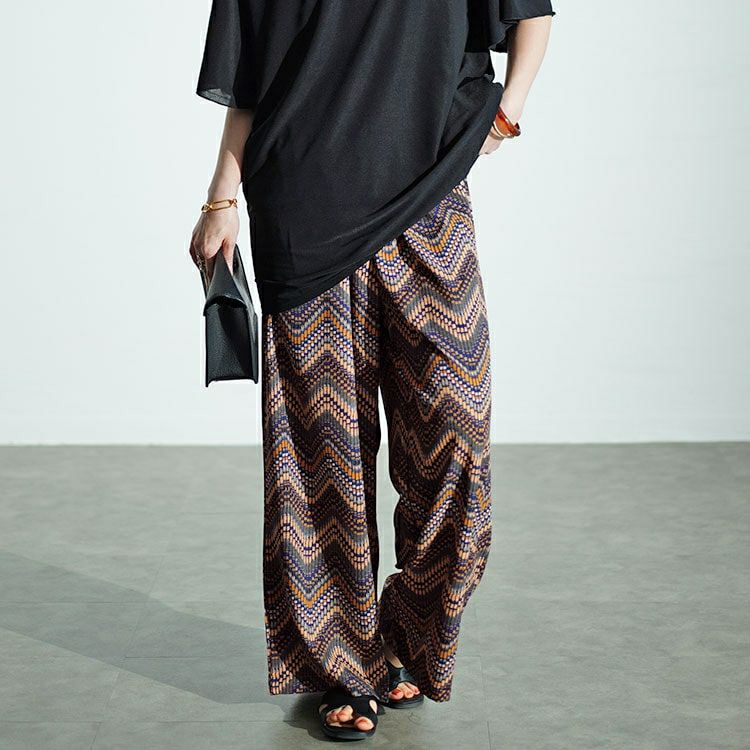 大きいサイズ レディース マルチウェーブ柄ワイドパンツ　maru-30035