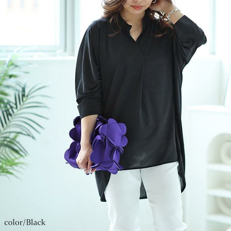 大きいサイズ レディース タック入りテールカットスキッパーブラウス　maru-30029 【メール便可】 ブラック