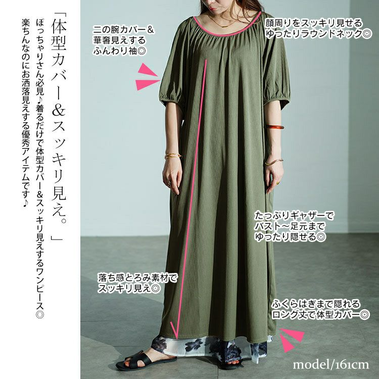 大きいサイズ レディース パフスリーブギャザーマキシワンピース　maru-30028