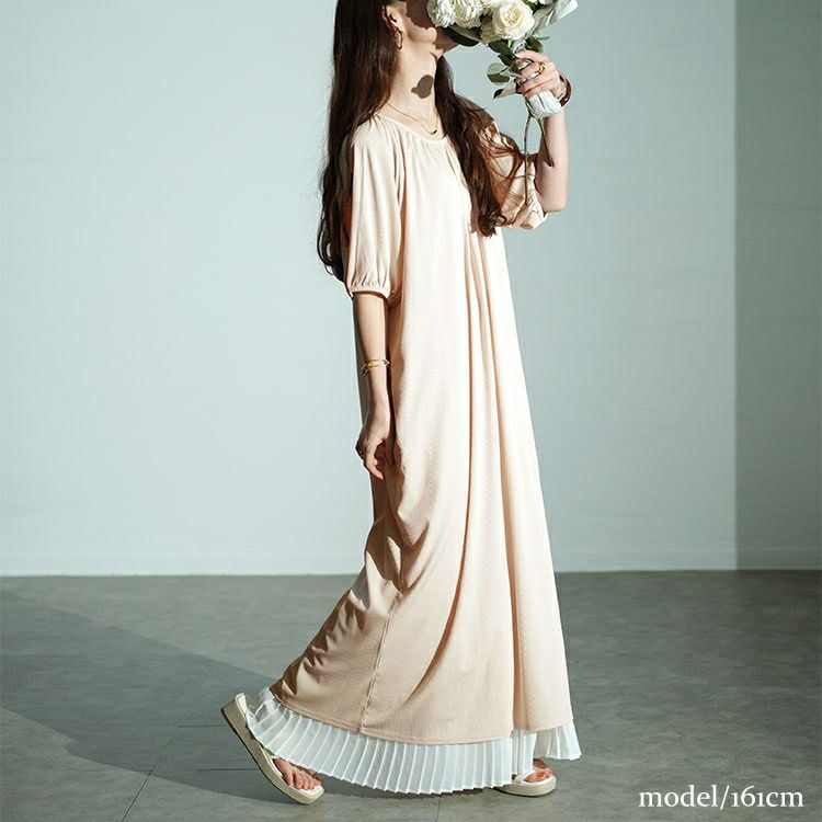 大きいサイズ レディース パフスリーブギャザーマキシワンピース　maru-30028