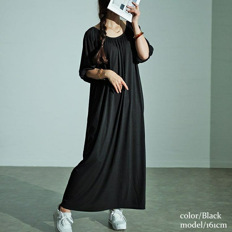 大きいサイズ レディース パフスリーブギャザーマキシワンピース　maru-30028