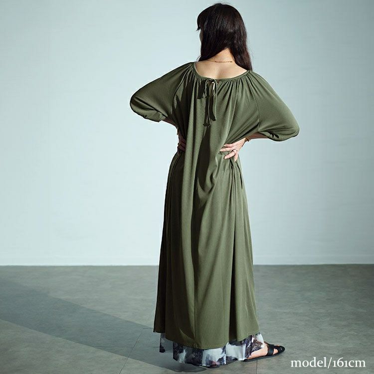 大きいサイズ レディース パフスリーブギャザーマキシワンピース　maru-30028