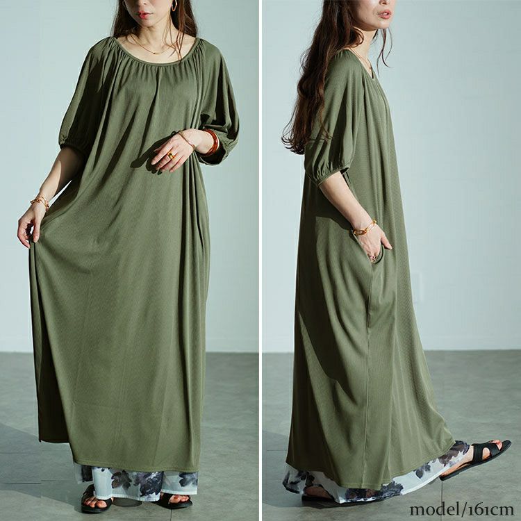 大きいサイズ レディース パフスリーブギャザーマキシワンピース maru