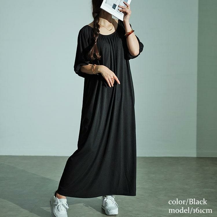 大きいサイズ レディース パフスリーブギャザーマキシワンピース　maru-30028 ブラック
