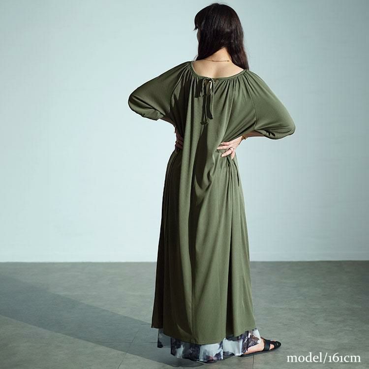 大きいサイズ レディース パフスリーブギャザーマキシワンピース maru