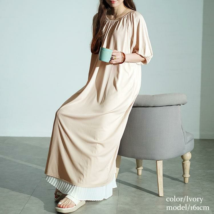 大きいサイズ レディース パフスリーブギャザーマキシワンピース　maru-30028 アイボリー