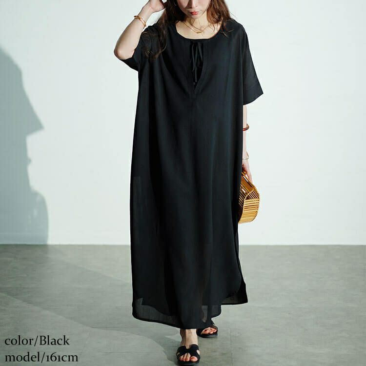 大きいサイズ レディース フロントリボンサイドスリットマキシワンピース　maru-30027