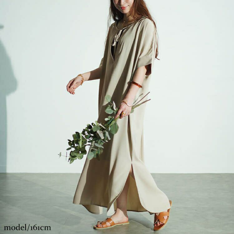 大きいサイズ レディース フロントリボンサイドスリットマキシワンピース　maru-30027