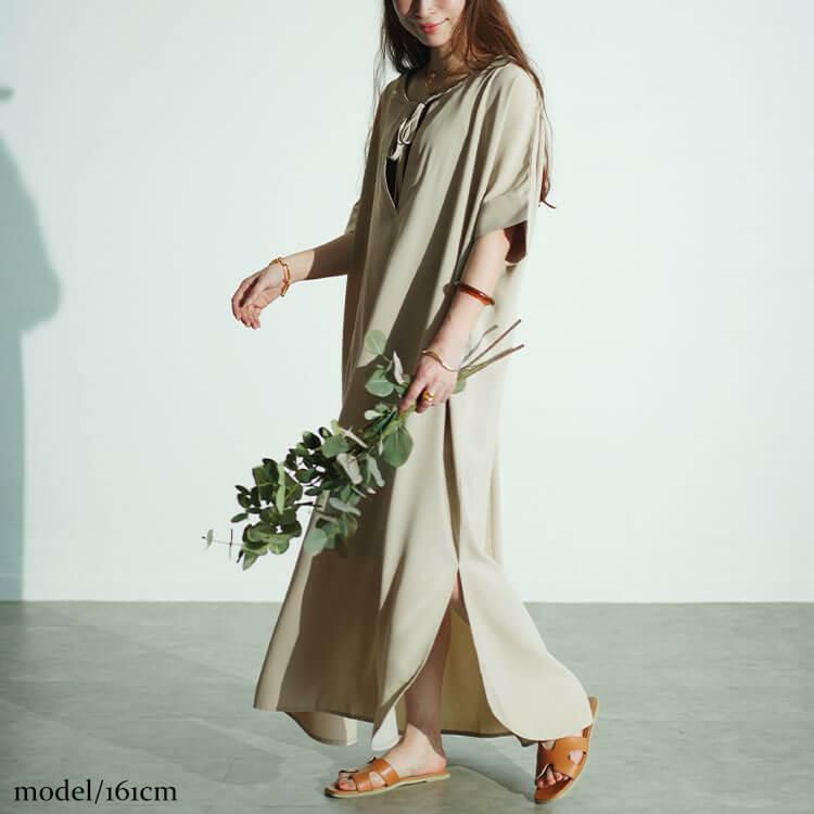 大きいサイズ レディース フロントリボンサイドスリットマキシワンピース　maru-30027 グレージュ