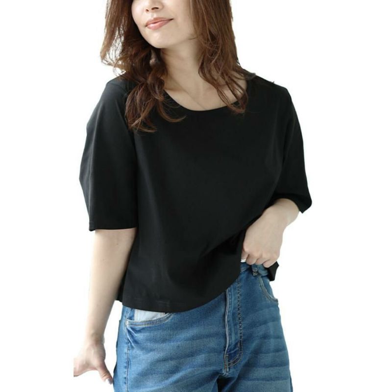 大きいサイズ レディース クロップド丈ワイドTシャツ　maru-30026 【メール便可】 ブラック