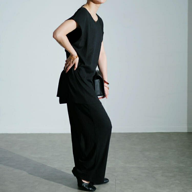 大きいサイズ レディース ワッシャー楊柳チュニックTシャツ＆ワイドパンツセットアップ　maru-30025