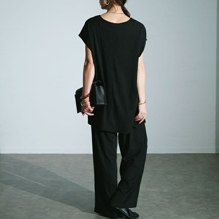 大きいサイズ レディース ワッシャー楊柳チュニックTシャツ＆ワイドパンツセットアップ　maru-30025