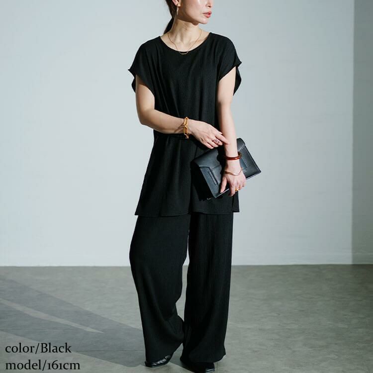 大きいサイズ レディース ワッシャー楊柳チュニックTシャツ＆ワイドパンツセットアップ　maru-30025 ブラック