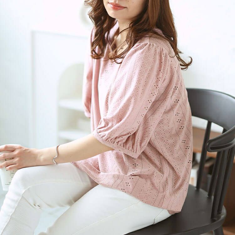 大きいサイズ レディース 刺繍レースパフスリーブプルオーバー　maru-30023 【メール便可】