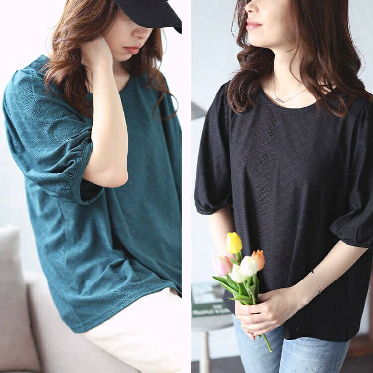 大きいサイズ レディース 刺繍レースパフスリーブプルオーバー　maru-30023 【メール便可】