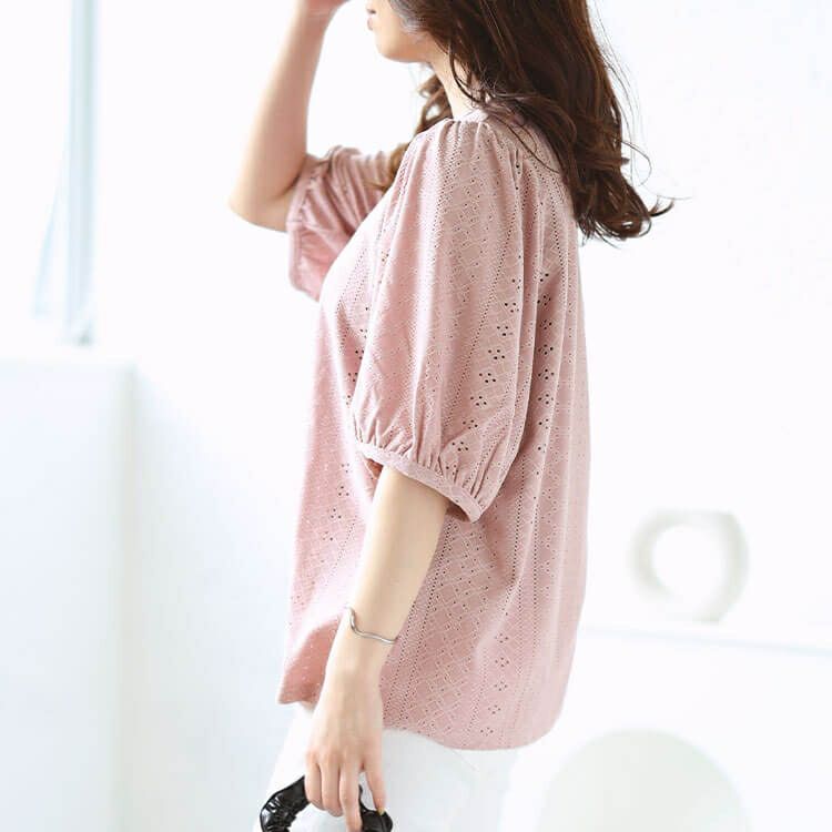 大きいサイズ レディース 刺繍レースパフスリーブプルオーバー　maru-30023 【メール便可】