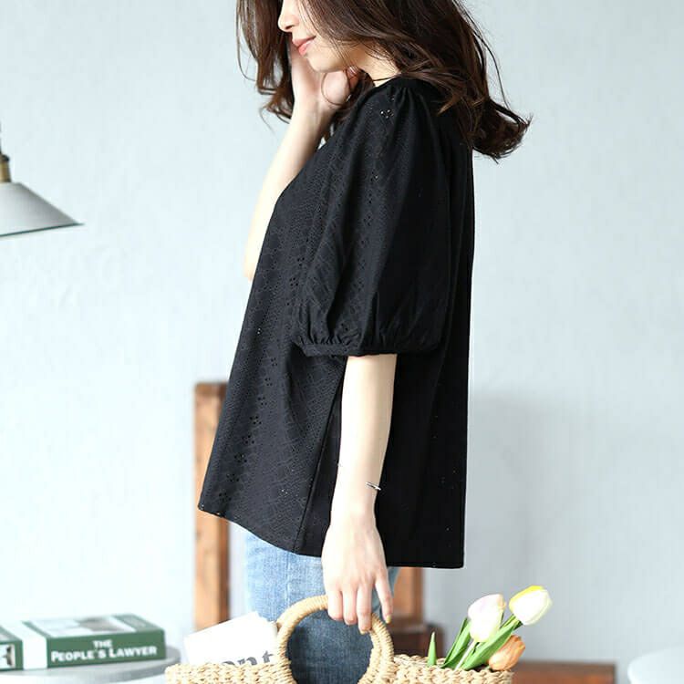 大きいサイズ レディース 刺繍レースパフスリーブプルオーバー　maru-30023 【メール便可】