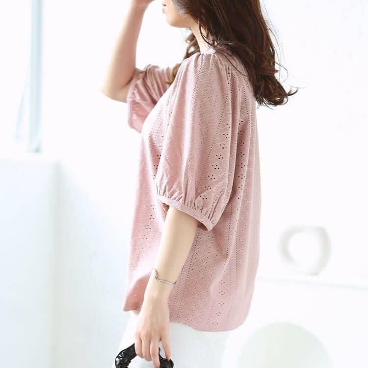 大きいサイズ レディース 刺繍レースパフスリーブプルオーバー　maru-30023 【メール便可】 ピンク