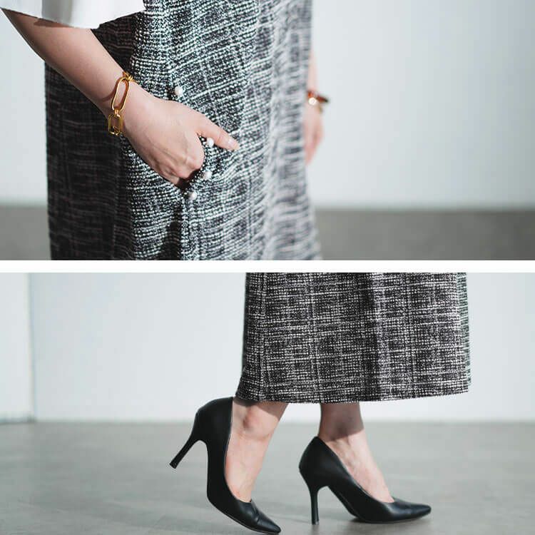 大きいサイズ レディース ストレッチツイードパールボタン付きレイヤード風ワンピース　maru-30018