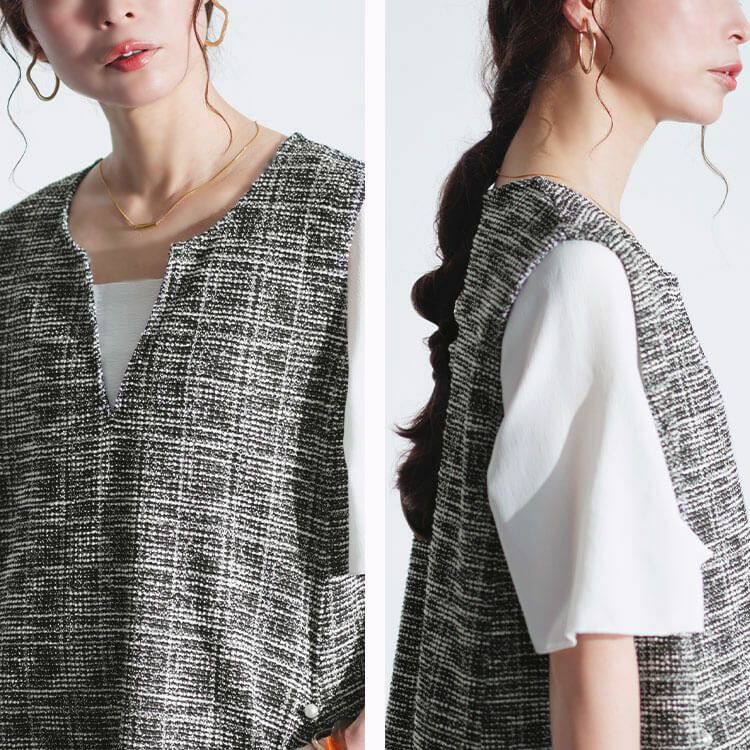 大きいサイズ レディース ストレッチツイードパールボタン付きレイヤード風ワンピース　maru-30018