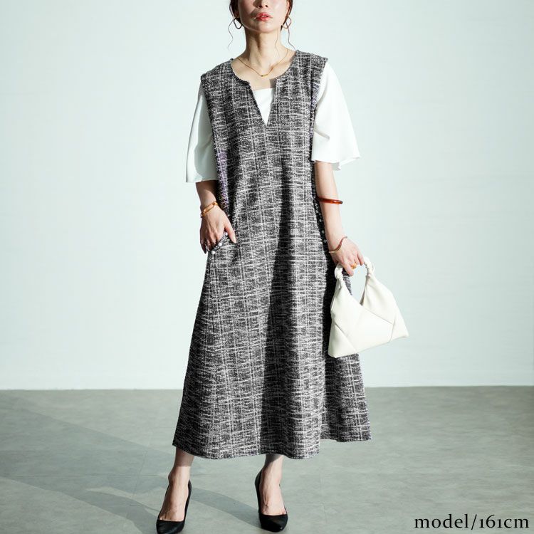 大きいサイズ レディース ストレッチツイードパールボタン付きレイヤード風ワンピース　maru-30018