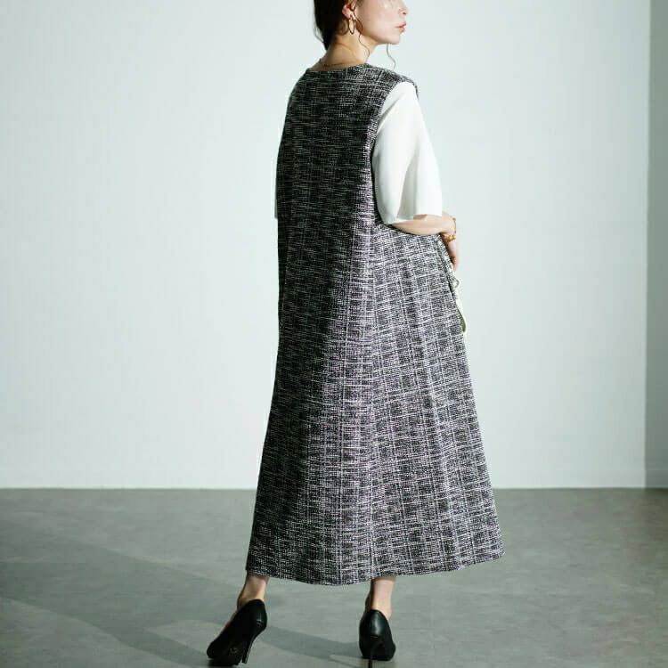 大きいサイズ レディース ストレッチツイードパールボタン付きレイヤード風ワンピース　maru-30018