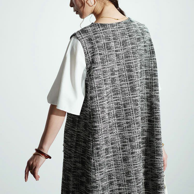 大きいサイズ レディース ストレッチツイードパールボタン付きレイヤード風ワンピース　maru-30018