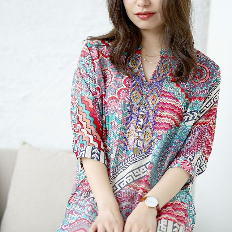 大きいサイズ レディース ビジュー付きエスニック柄シャツ　goldy-1482 【メール便可】