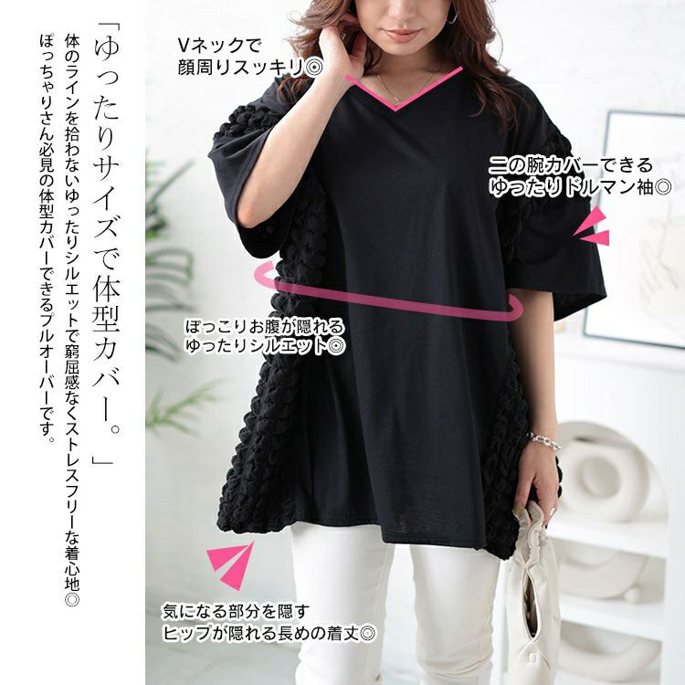 大きいサイズ レディース ポップコーン切り替えドルマンプルオーバー　bai-0152