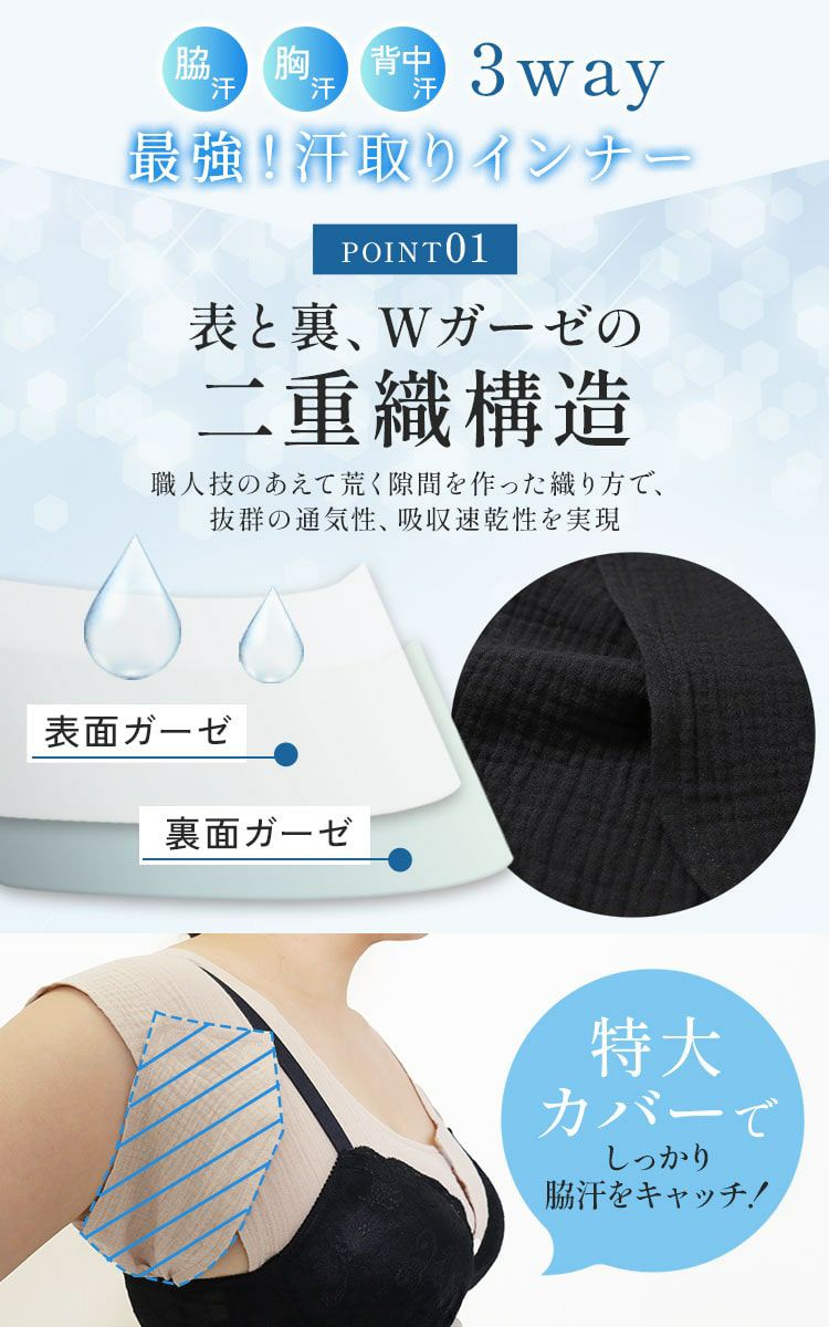 大きいサイズ レディース 脇汗・胸汗・背中汗 3way 最強！汗取りインナー　fem-504 【メール便可】