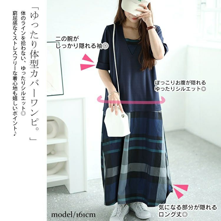 大きいサイズ レディース フェイクレイヤードタータンチェックワンピース　maru-30031